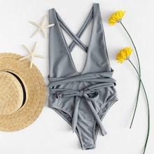 Romwe Self Tie High Leg Plunge Monokini