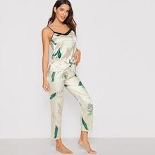 Romwe Floral & Leaf Print Satin Cami Pj Set