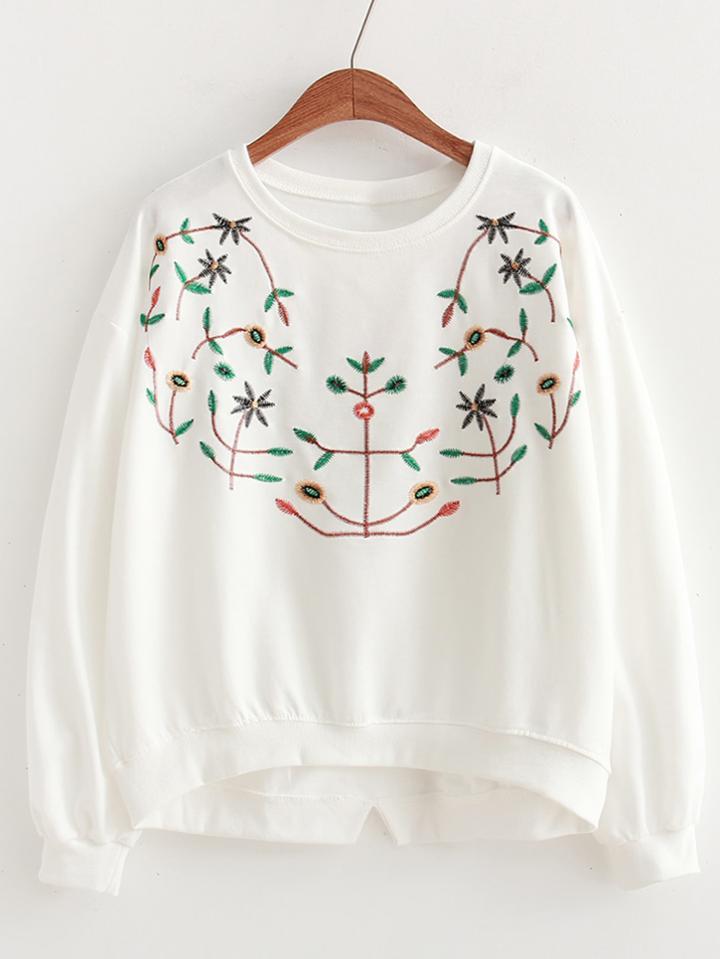 Romwe V Cut Detail Embroidered Sweatshirt
