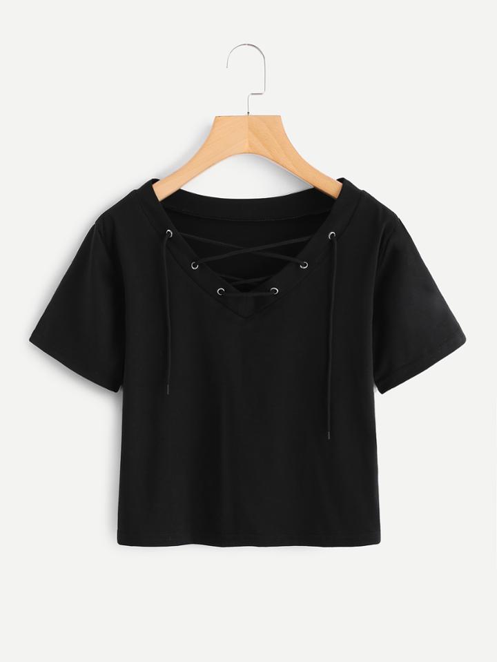 Romwe Eyelet Lace Up Crop Tee