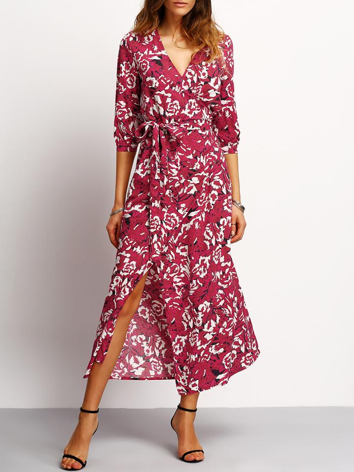 Romwe V Neck Florals Wrap Dress