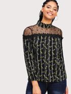 Romwe Mesh Insert Calico Print Blouse