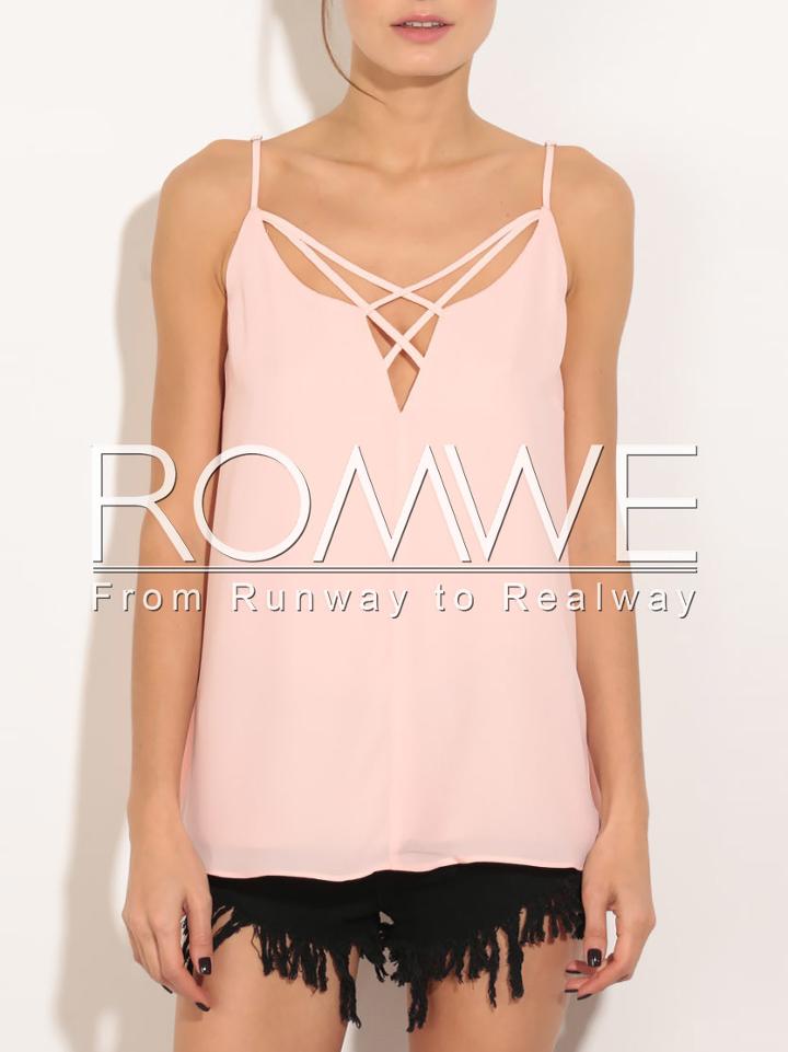 Romwe Pink Spaghettic Strap Lace Up Chiffon Cami Top