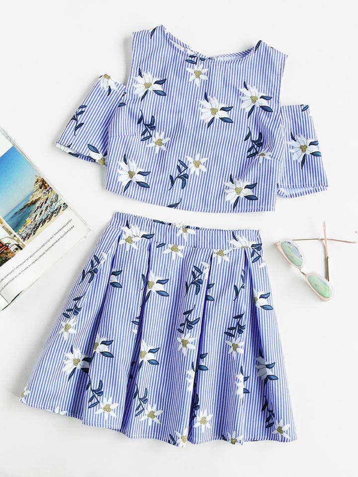 Romwe Open Shoulder Split Tie Back Top & Box Pleated Skirt Set