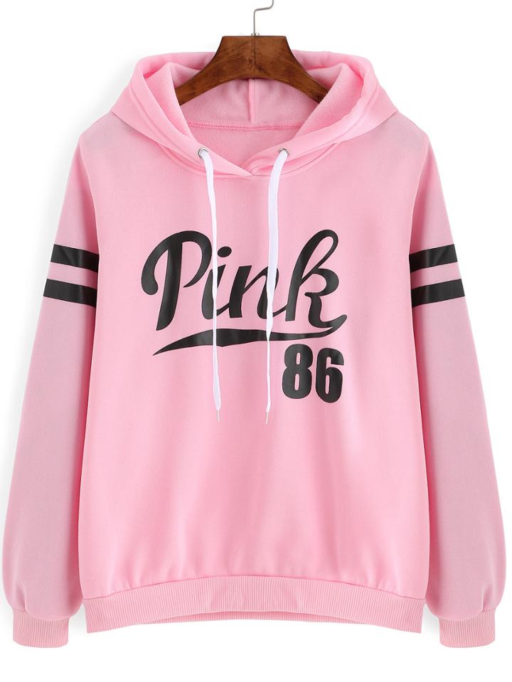 Romwe Pink Drawstring Hooded Letters Print Sweatshirt