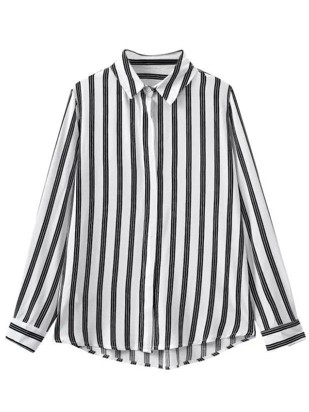 Romwe Black White Stripe Buttons Lapel Blouse
