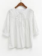 Romwe White Mixed Striped Tie Neck Blouse