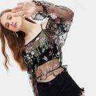 Romwe Floral Embroidery Flounce Sleeve Mesh Blouse
