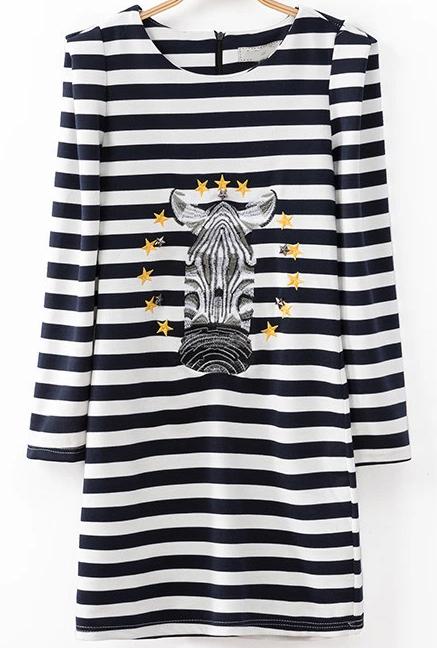 Romwe Horsehead Embroidered Striped Dress