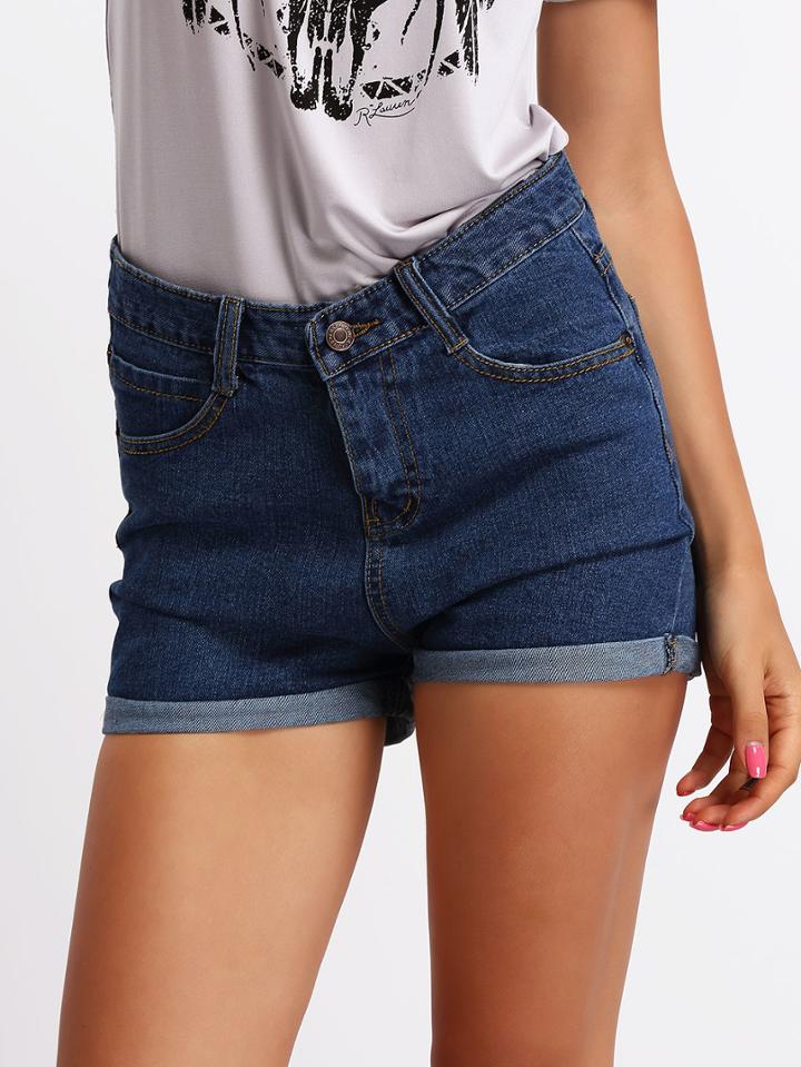 Romwe Navy Pockets Flange Denim Shorts