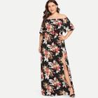 Romwe Plus Off-shoulder Split Side Floral Dress