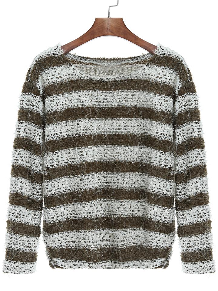 Romwe Round Neck Striped Shaggy Sweater