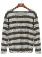 Romwe Round Neck Striped Shaggy Sweater