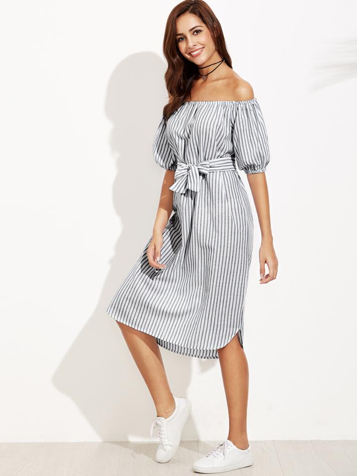 Romwe Bardot Lantern Sleeve Self Tie Vertical Striped Dress