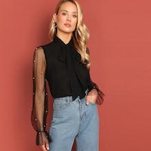 Romwe Tie Neck Pearl Beading Mesh Sleeve Top