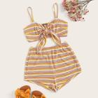 Romwe Knot Front Striped Ribbed Bralette Top & Shorts Set