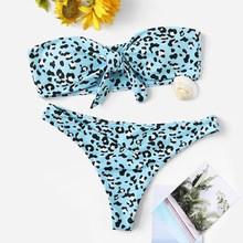 Romwe Leopard Tie Front Bandeau With Cheeky Bikini
