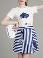 Romwe Umbrella Embroidered Top With Vertical Striped A-line Skirt