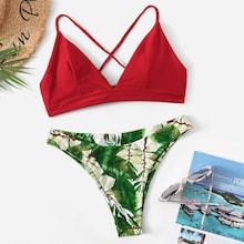 Romwe Cross Back Top With Random Leaf Print Bikini