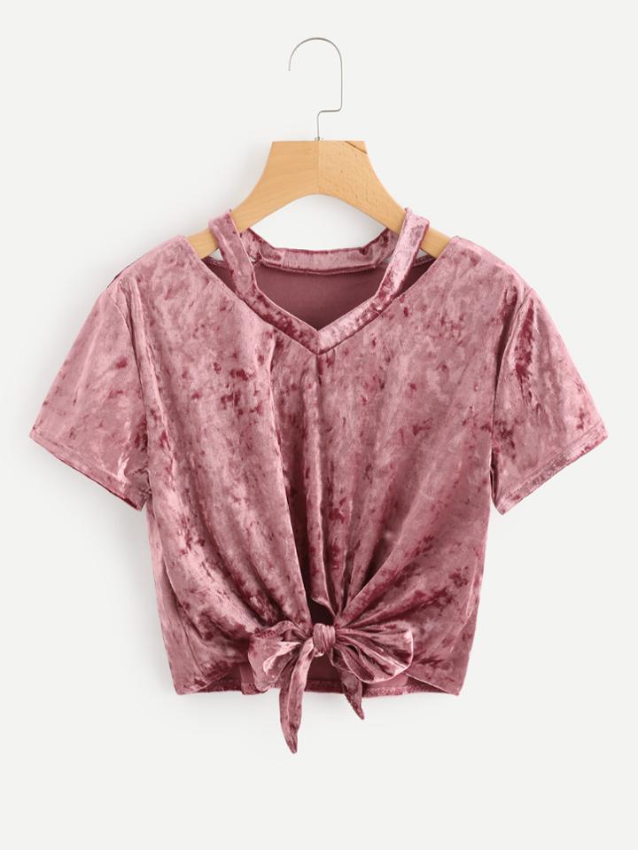 Romwe Cut Out Neck Knot Front Velvet Tee