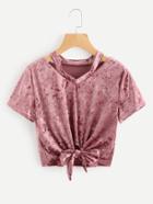 Romwe Cut Out Neck Knot Front Velvet Tee