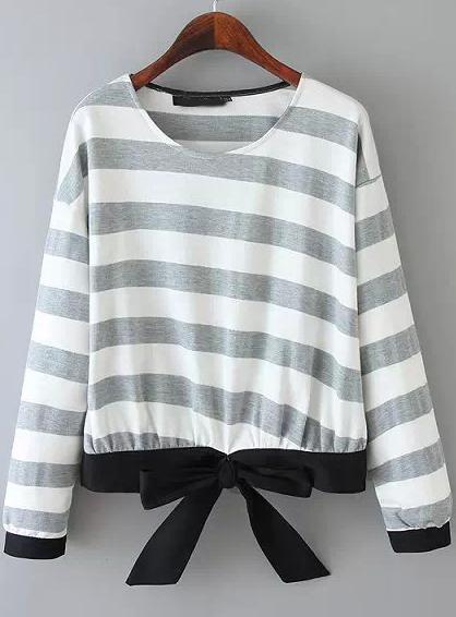 Romwe Grey Long Sleeve Striped Bow Blouse