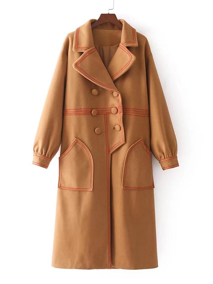 Romwe Contrast Trim Double Breasted Longline Coat