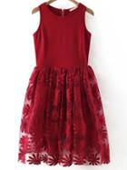 Romwe Sunflower Embroidered Red Flare Dress