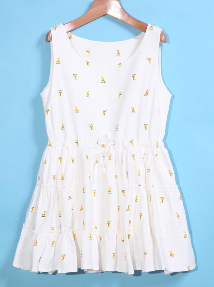 Romwe Round Neck Deer Print Drawstring Pleated Dress