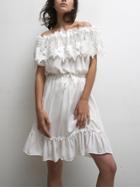 Romwe White Crochet Off The Shoulder Ruffle Hem Dress