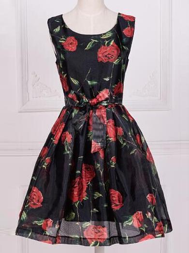 Romwe Sleeveless Florals Organza Flare Black Dress