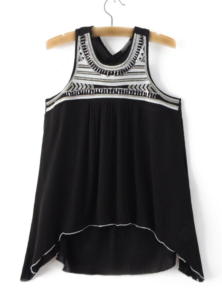 Romwe Black Asymmetric Dipped Hem Sequined Tank Top