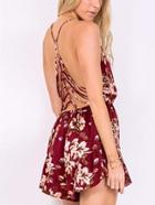 Romwe Burgundy Flower Print Caged Back Surplice Romper