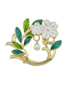 Romwe Enamel Leaf Branch White Flower Brooches