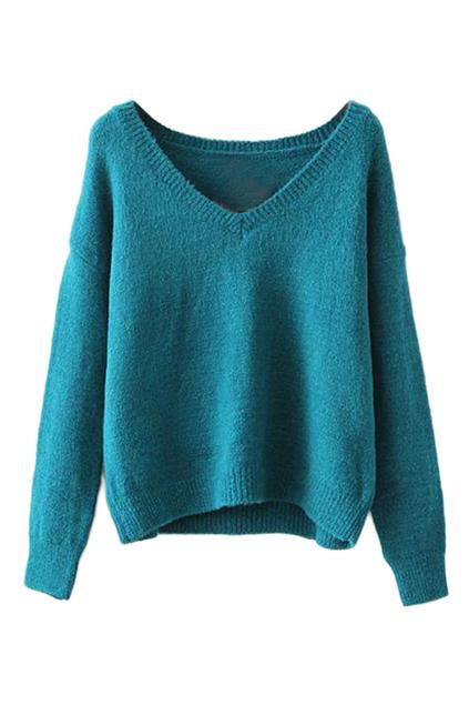 Romwe V Neck Sheer Green Jumper