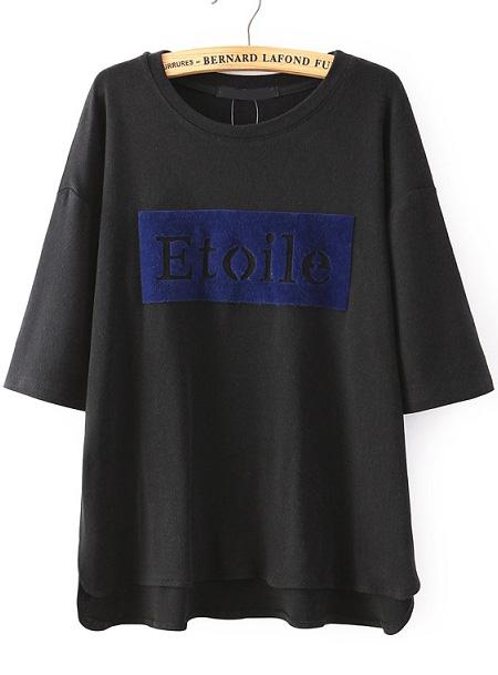 Romwe Black Round Neck Etoile Print Loose T-shirt