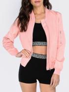 Romwe Pink Long Sleeve Pockets Zipper Jacket