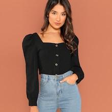 Romwe Button Up Puff Sleeve Shirt