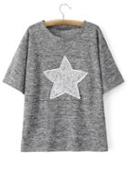 Romwe Grey Round Neck Star Sequined T-shirt