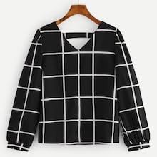 Romwe Plaid V Neck Blouse