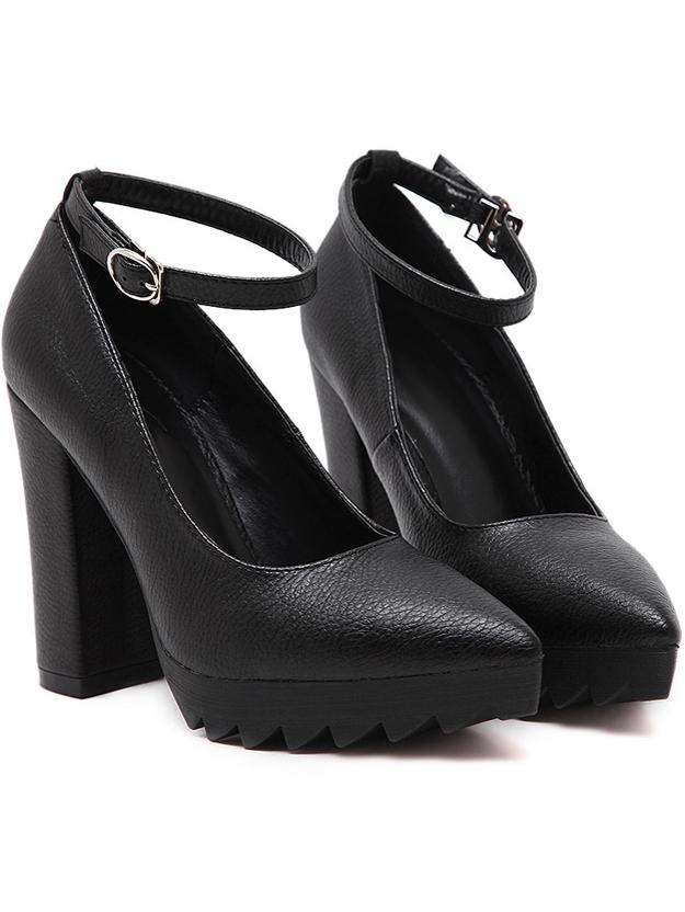 Romwe Black Pointed Toe High Block Heel Pumps
