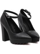 Romwe Black Pointed Toe High Block Heel Pumps