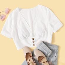 Romwe Solid Button Detail Crop Blouse