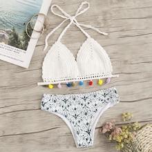 Romwe Crochet Pom-pom Trim Top With Random Porcelain Bikini