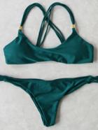 Romwe Dark Green Cross Back Strappy Bikini Set