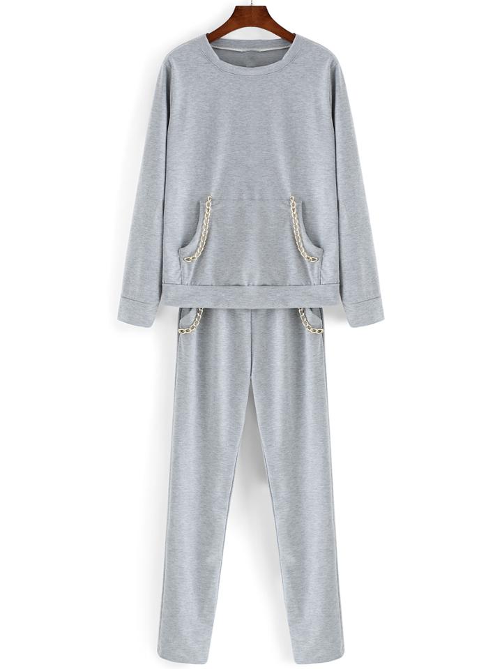 Romwe Round Neck Chain Top With Elastic Waist Grey Pant