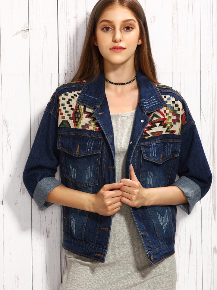 Romwe Blue Tribal Yoke Drop Shoulder Denim Jacket
