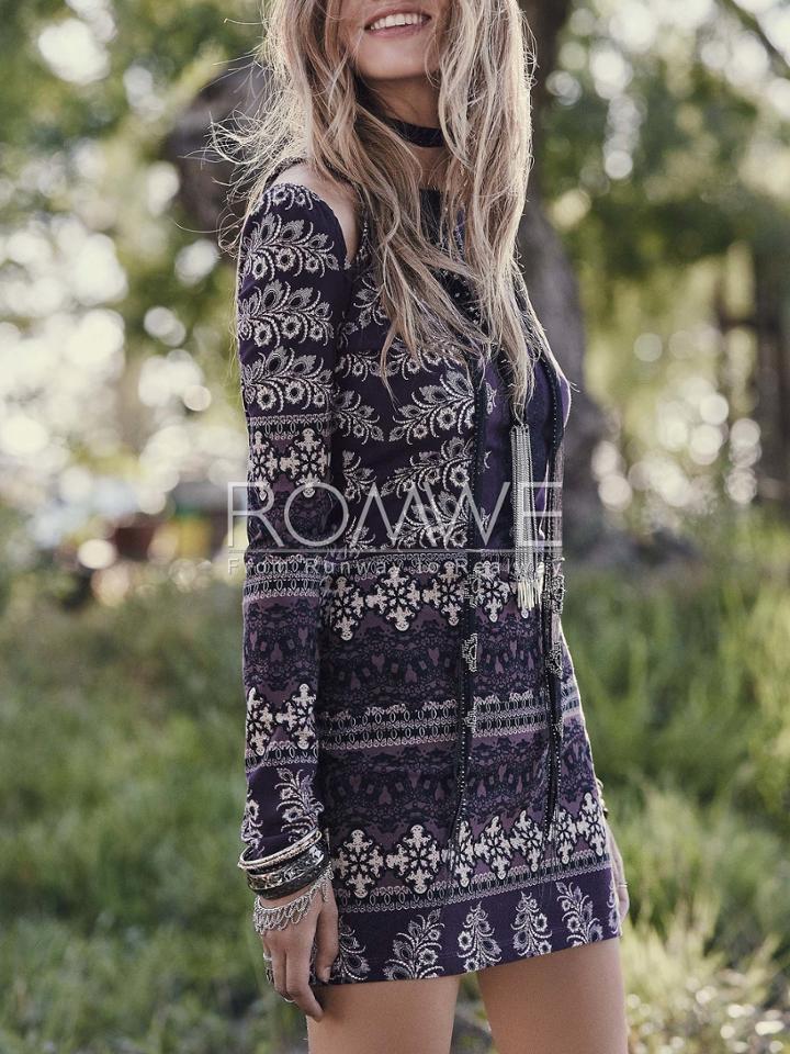 Romwe Purple Long Sleeve Backless Vintage Print Dress