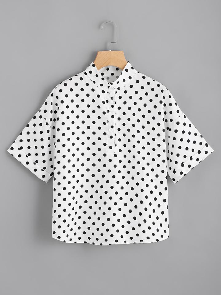 Romwe Polka Dot Single Breasted Cuffed Shirt