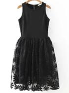 Romwe Sunflower Embroidered Black Flare Dress